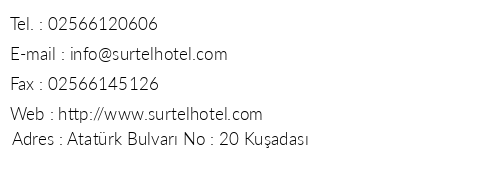 Surtel Hotel telefon numaralar, faks, e-mail, posta adresi ve iletiim bilgileri
